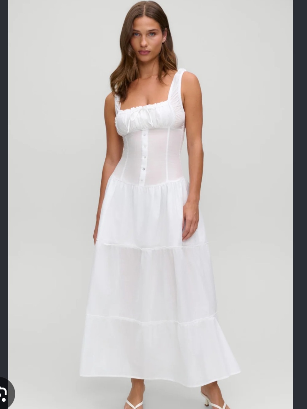 Frankie's Bikinis White Tiered Maxi Dress with Button Bodice